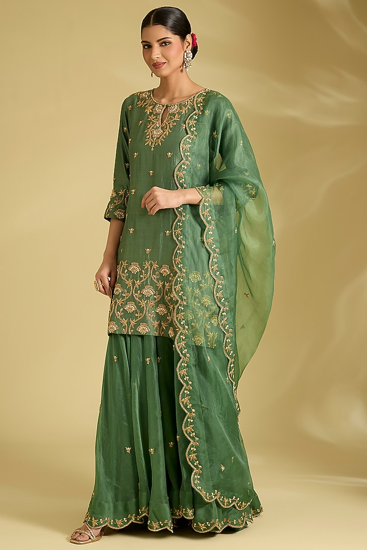 Sage Green Spun Silk Wedding Sharara Set by Surbhi Shah at Pernia's Pop Up Shop