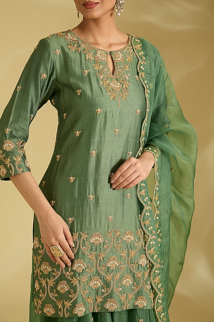 Sage Green Spun Silk Wedding Sharara Set by Surbhi Shah at Pernia's Pop Up Shop