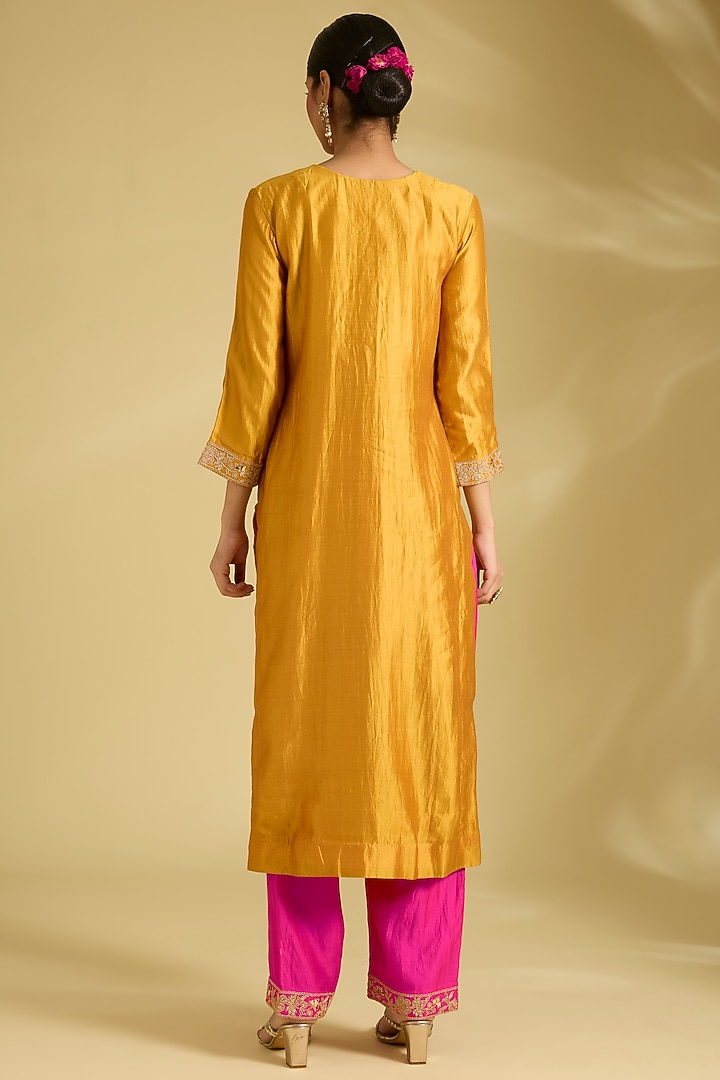 Mustard Spun Silk Zardosi Work Kurta Set by Surbhi Shah at Pernia's Pop Up Shop