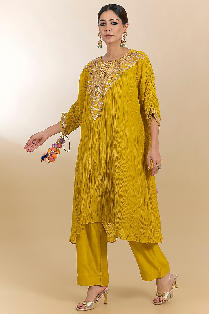 Lime Chanderi Marori Work Kaftan Set by Surbhi Shah at Pernia's Pop Up Shop