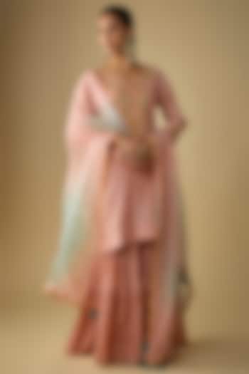 Peach Chanderi Marori Embroidered Wedding Sharara Set by SURBHI SHAH at Pernia's Pop Up Shop