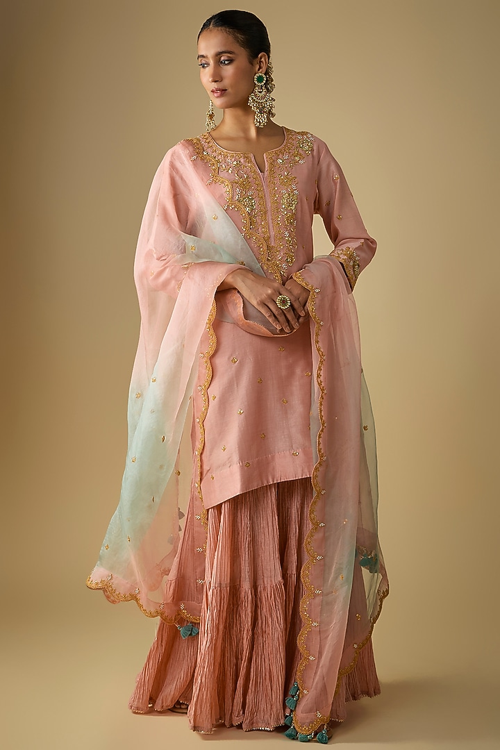 Peach Chanderi Marori Embroidered Wedding Sharara Set by SURBHI SHAH at Pernia's Pop Up Shop