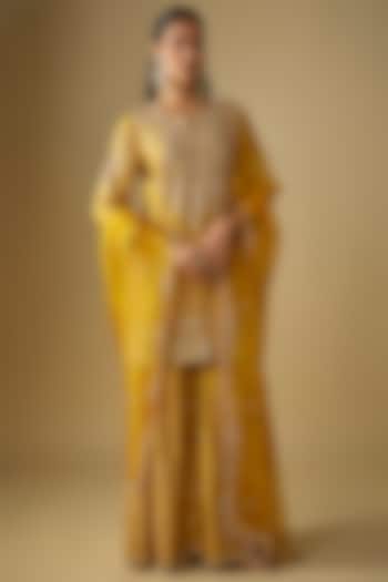 Mustard Yellow Spun Silk Pearl Embroidered Wedding Sharara Set by SURBHI SHAH at Pernia's Pop Up Shop