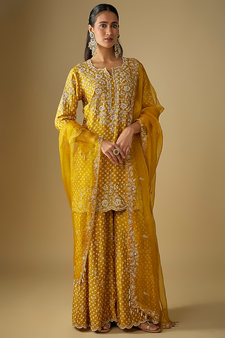 Mustard Yellow Spun Silk Pearl Embroidered Wedding Sharara Set by SURBHI SHAH at Pernia's Pop Up Shop