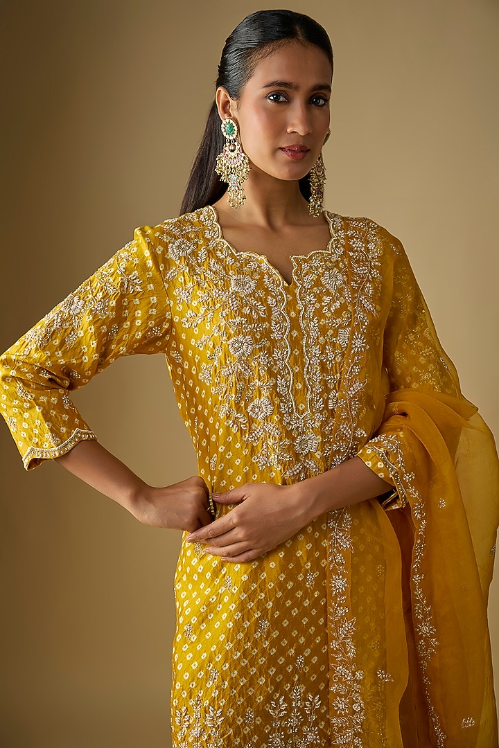 Mustard Yellow Spun Silk Pearl Embroidered Wedding Sharara Set by SURBHI SHAH at Pernia's Pop Up Shop
