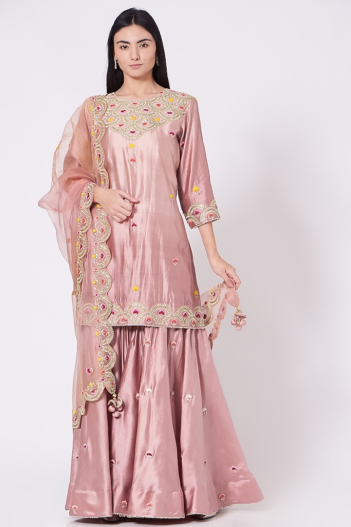 Rose Gold Pure Silk Sharara Set by SURBHI SHAH