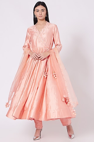 Peach Hand Embroidered Angrakha Kurta Set by SURBHI SHAH