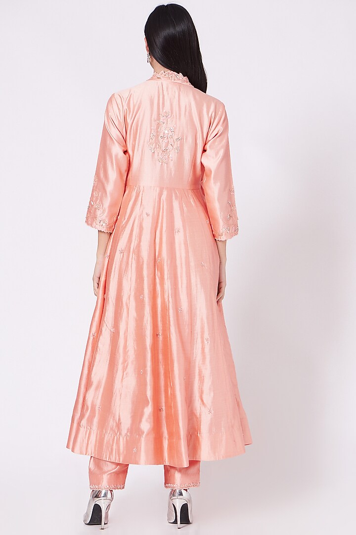 Peach Hand Embroidered Angrakha Kurta Set by SURBHI SHAH at Pernia's Pop Up Shop