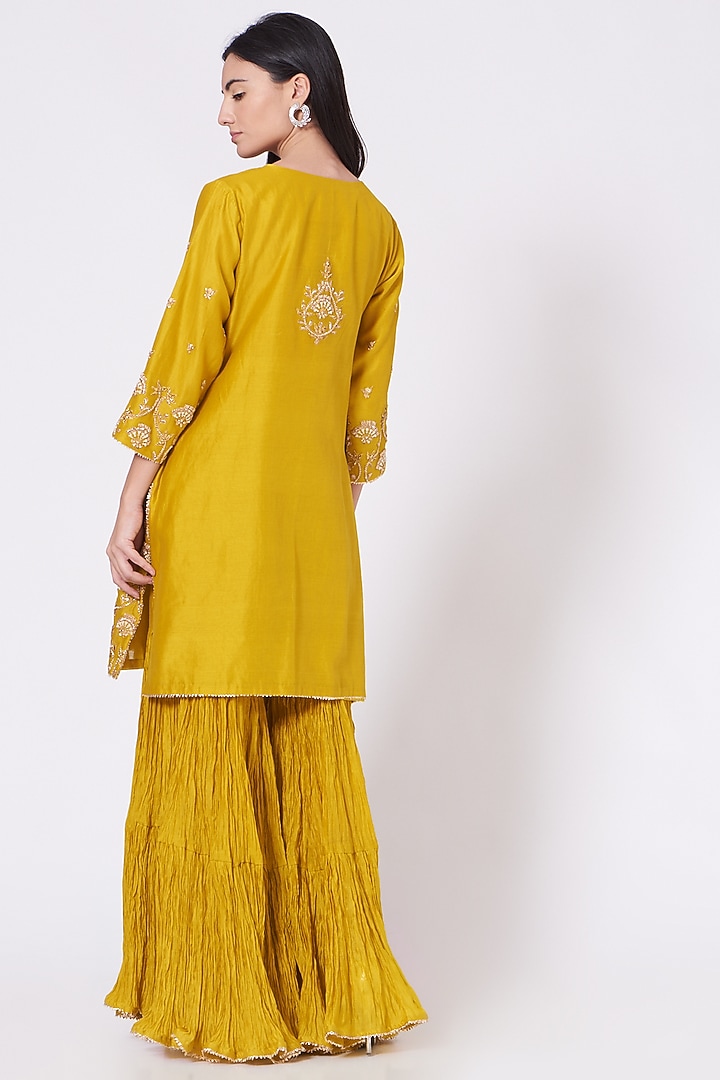 Yellow Pure Crushed Chanderi Wedding Sharara Set by SURBHI SHAH at Pernia's Pop Up Shop