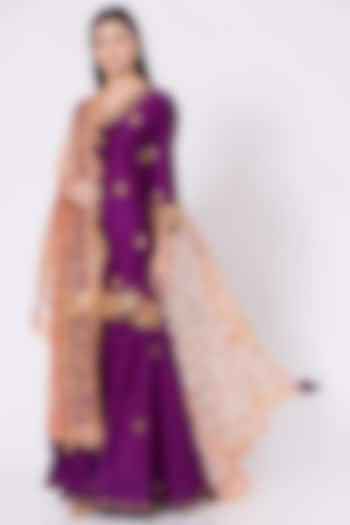 Purple Pure Spun Silk Hand Embroidered Gharara Set by SURBHI SHAH at Pernia's Pop Up Shop