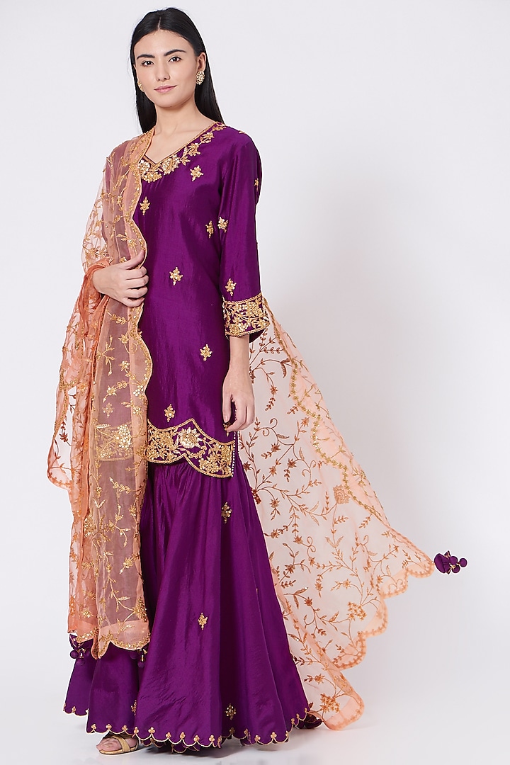 Purple Pure Spun Silk Hand Embroidered Gharara Set by SURBHI SHAH at Pernia's Pop Up Shop