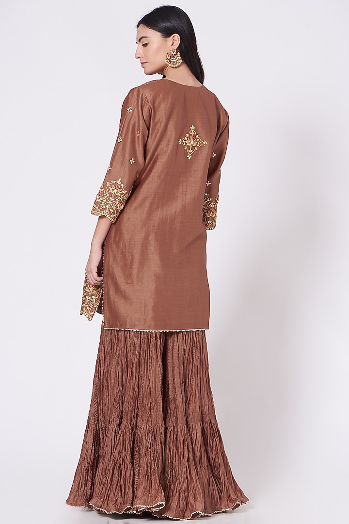 Brown Crushed Chanderi Wedding Sharara Set by SURBHI SHAH at Pernia's Pop Up Shop
