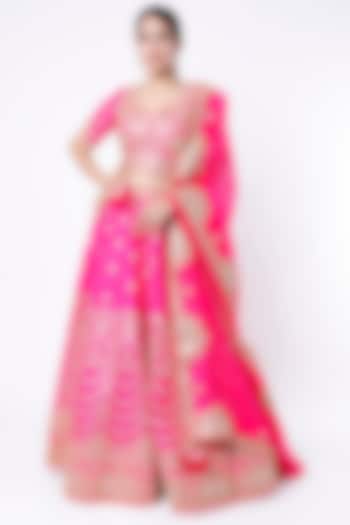 Hot Pink Hand Embroidered Wedding Lehenga Set by SURBHI SHAH at Pernia's Pop Up Shop