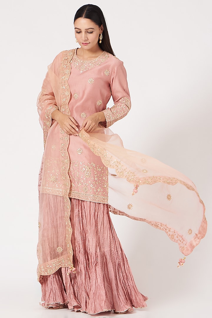 Rose Gold Pure Chanderi Wedding Sharara Set by SURBHI SHAH at Pernia's Pop Up Shop