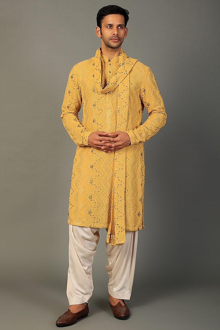 Pastel Yellow Embellished Kurta Set by SALIL BHATIA