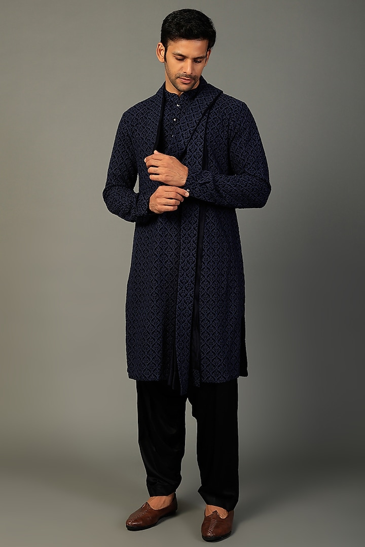 Navy Blue Georgette Kurta Set With Stole by SALIL BHATIA