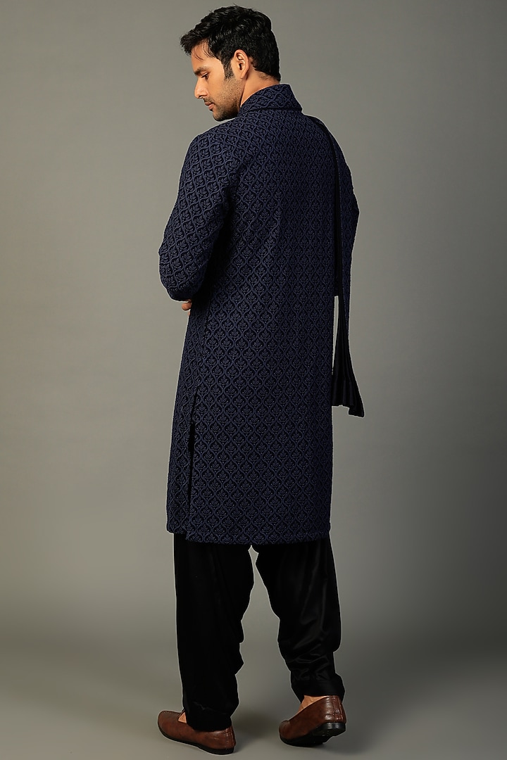 Navy Blue Georgette Kurta Set With Stole by SALIL BHATIA at Pernia's Pop Up Shop