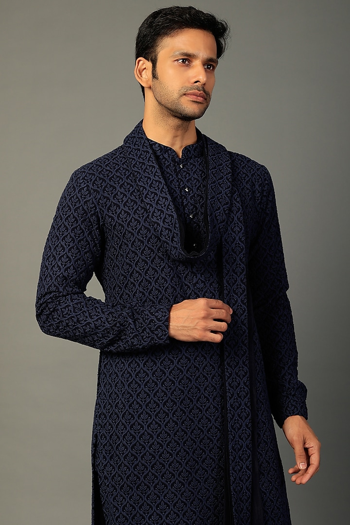 Navy Blue Georgette Kurta Set With Stole by SALIL BHATIA at Pernia's Pop Up Shop