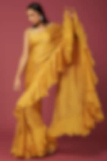 Yellow Viscose Ruffled Saree Set by SURBHI SHAH