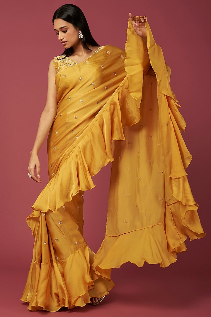 Yellow Viscose Ruffled Saree Set by SURBHI SHAH