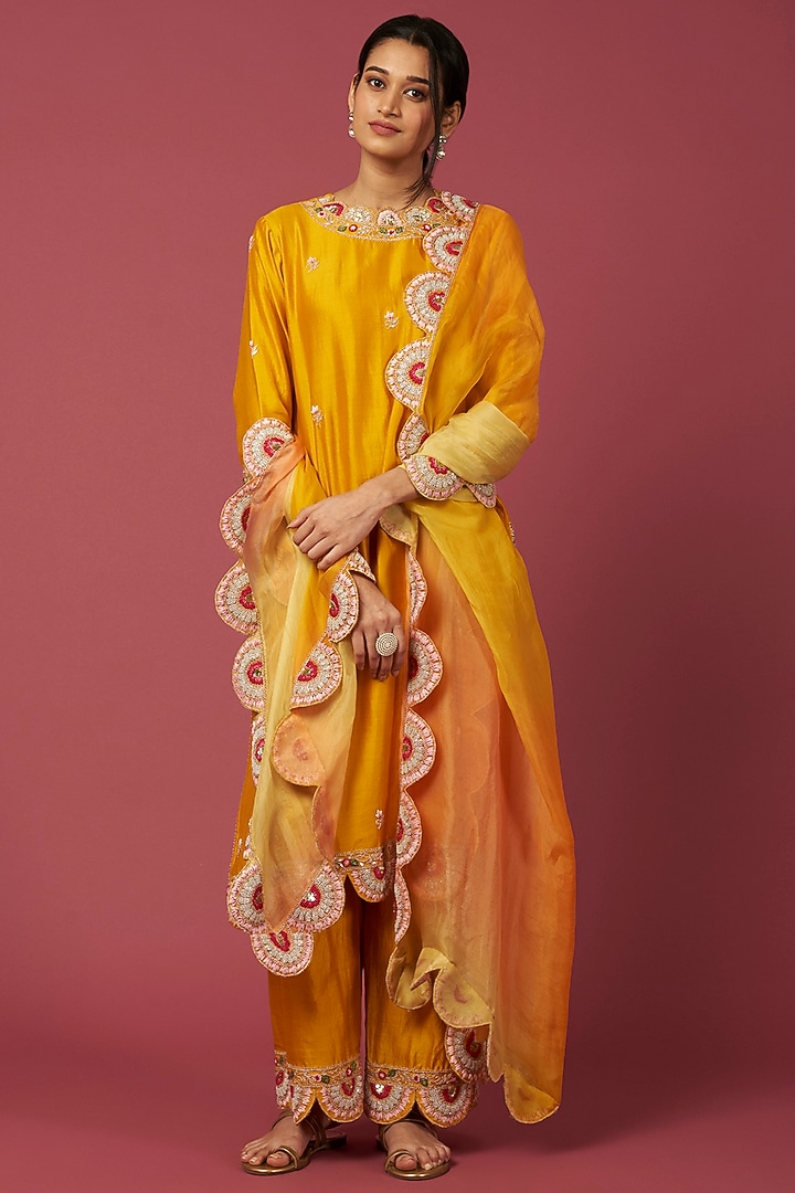 Mustard Yellow Hand Embroidered Kurta Set by SURBHI SHAH at Pernia's Pop Up Shop