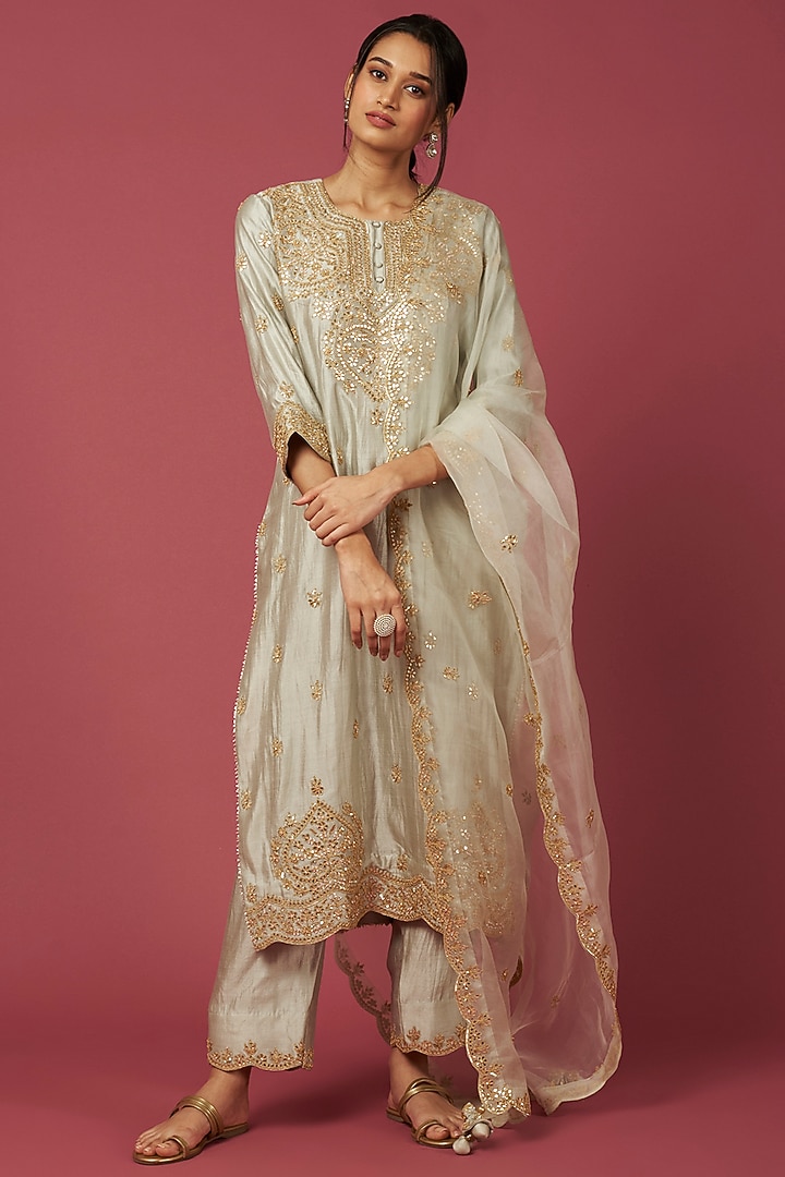Grey Embroidered Kurta Set by SURBHI SHAH at Pernia's Pop Up Shop