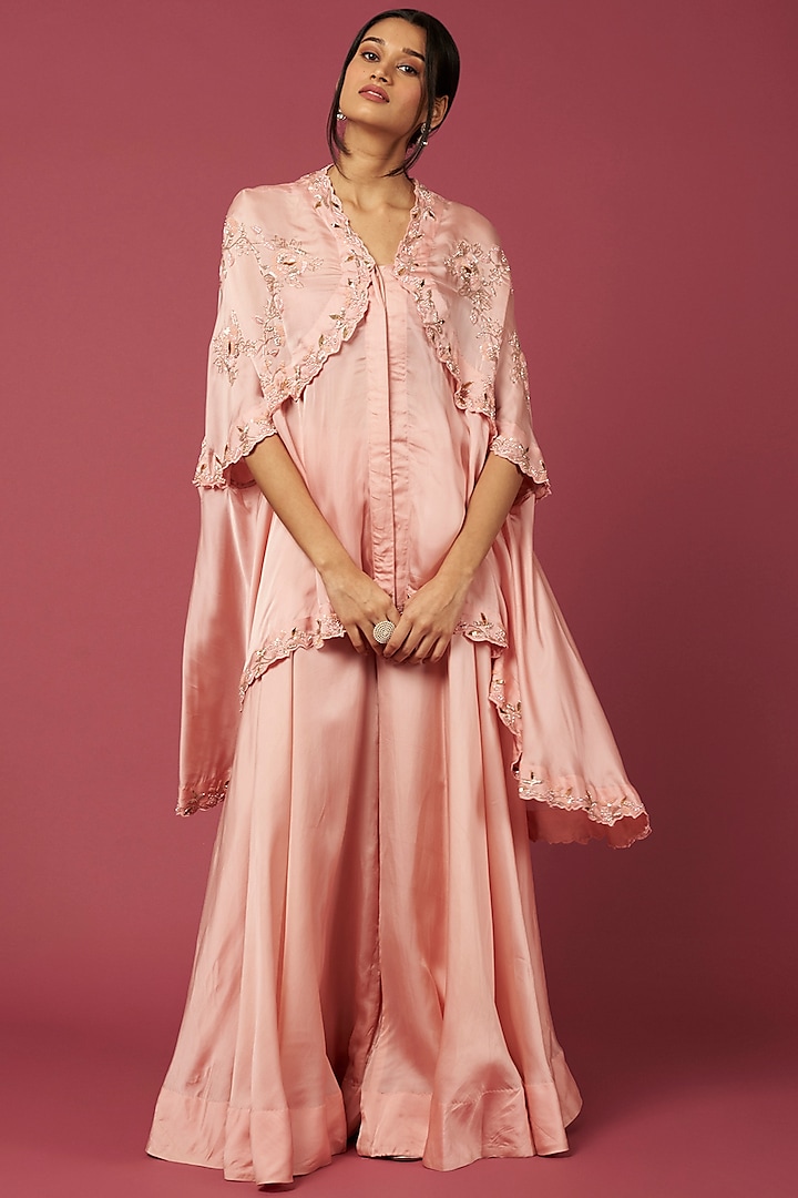Peach Hand Embroidered Cape Set by SURBHI SHAH
