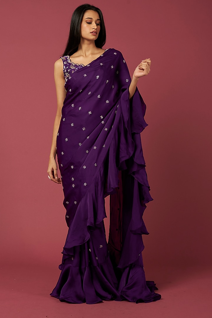 Purple Viscose Ruffled Saree Set by SURBHI SHAH