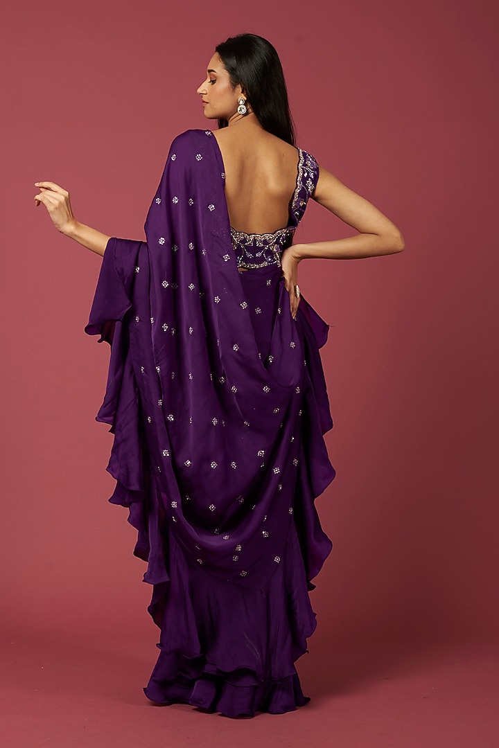 Purple Viscose Ruffled Wedding Saree Set by SURBHI SHAH at Pernia's Pop Up Shop