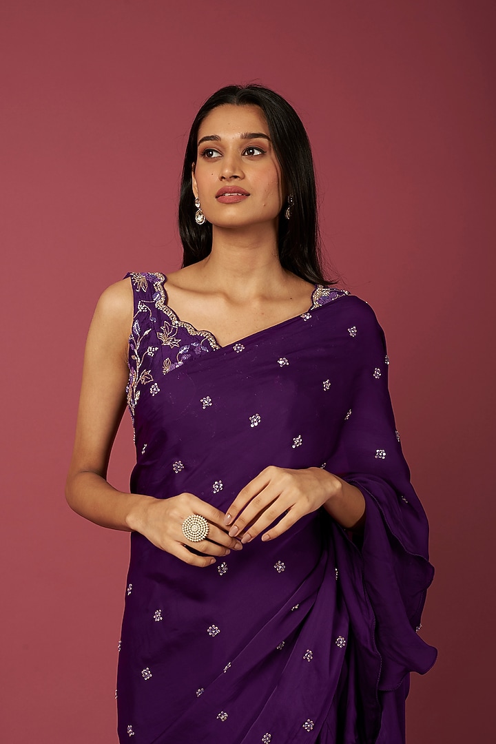 Purple Viscose Ruffled Wedding Saree Set by SURBHI SHAH at Pernia's Pop Up Shop