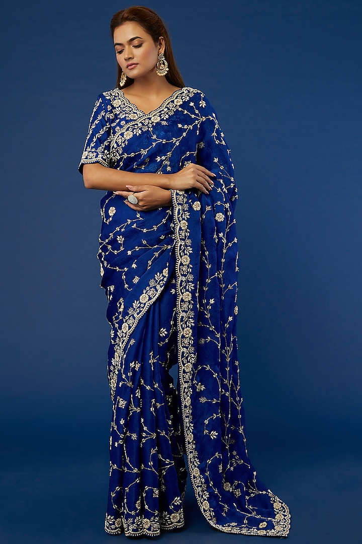 Teal Blue Embroidered Saree Set by SURBHI SHAH