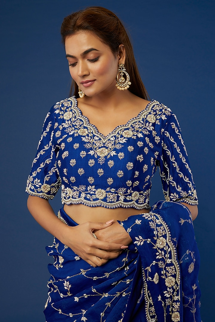 Teal Blue Embroidered Reception Saree Set by SURBHI SHAH at Pernia's Pop Up Shop