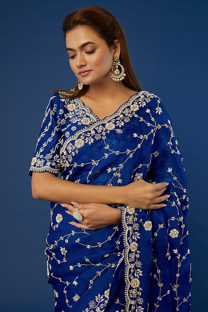 Teal Blue Embroidered Reception Saree Set by SURBHI SHAH at Pernia's Pop Up Shop