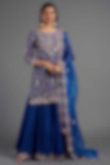 Teal Blue Hand Embroidered Sharara Set by SURBHI SHAH