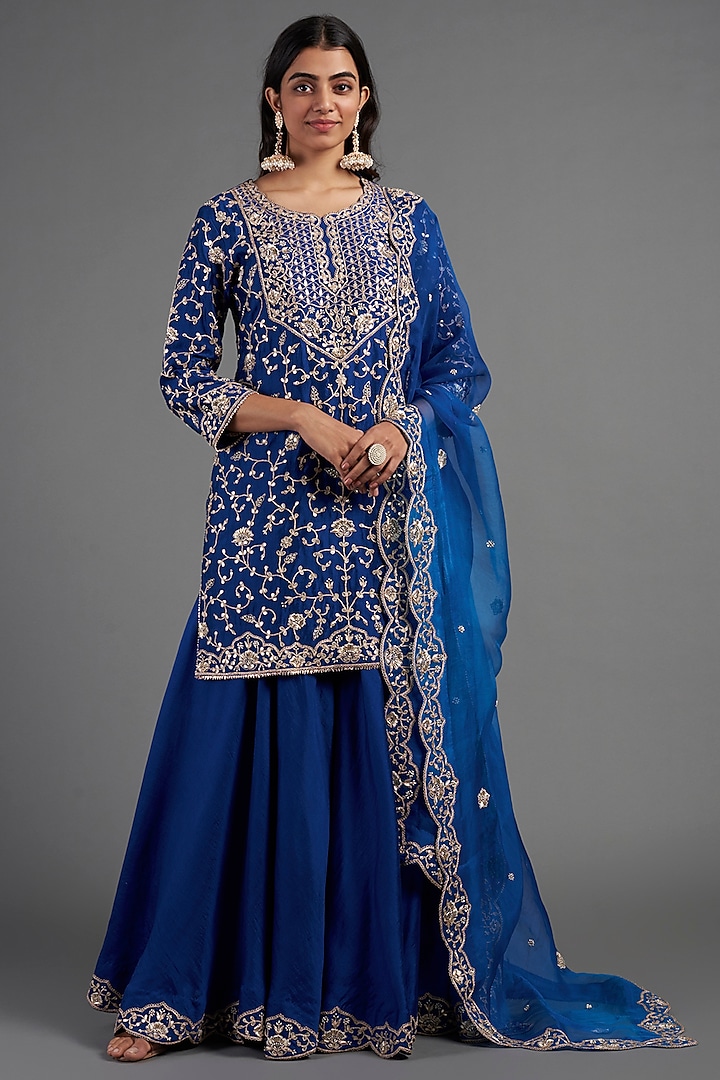 Teal Blue Hand Embroidered Sharara Set by SURBHI SHAH