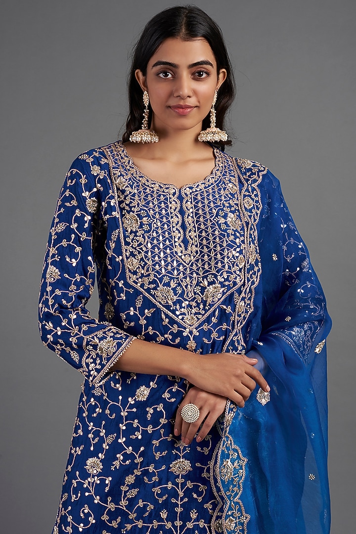 Teal Blue Hand Embroidered Wedding Sharara Set by SURBHI SHAH at Pernia's Pop Up Shop