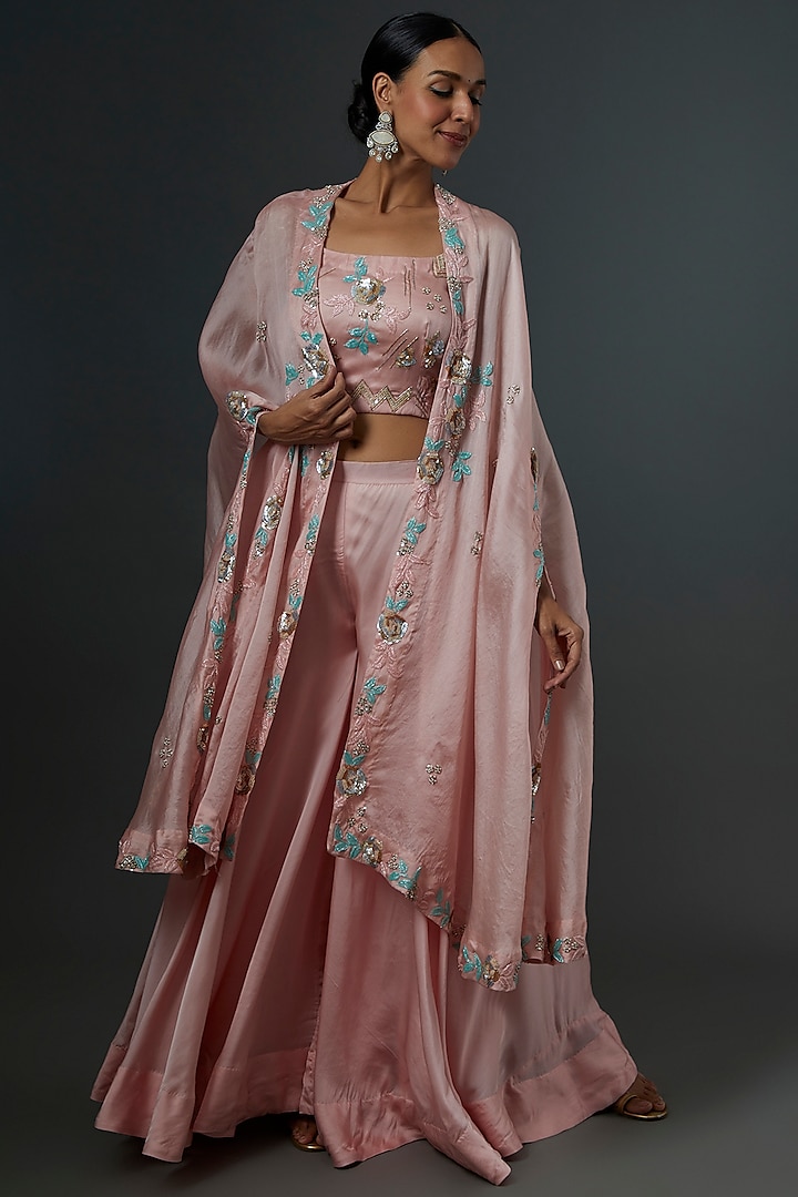 Peach Satin Organza Cape Set by SURBHI SHAH