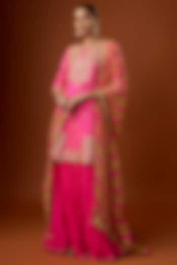 Hot Pink Bandhej Crushed Skirt Set by SURBHI SHAH at Pernia's Pop Up Shop