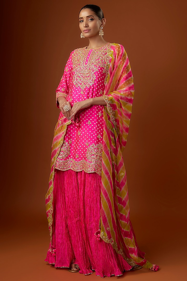 Hot Pink Bandhej Crushed Skirt Set by SURBHI SHAH at Pernia's Pop Up Shop