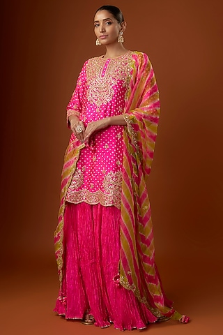 Hot Pink Bandhej Crushed Skirt Set by SURBHI SHAH
