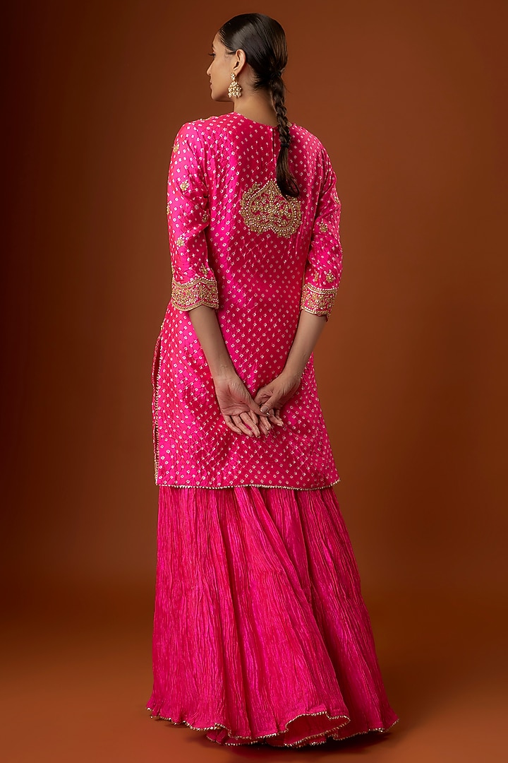 Hot Pink Bandhej Crushed Skirt Set by SURBHI SHAH at Pernia's Pop Up Shop