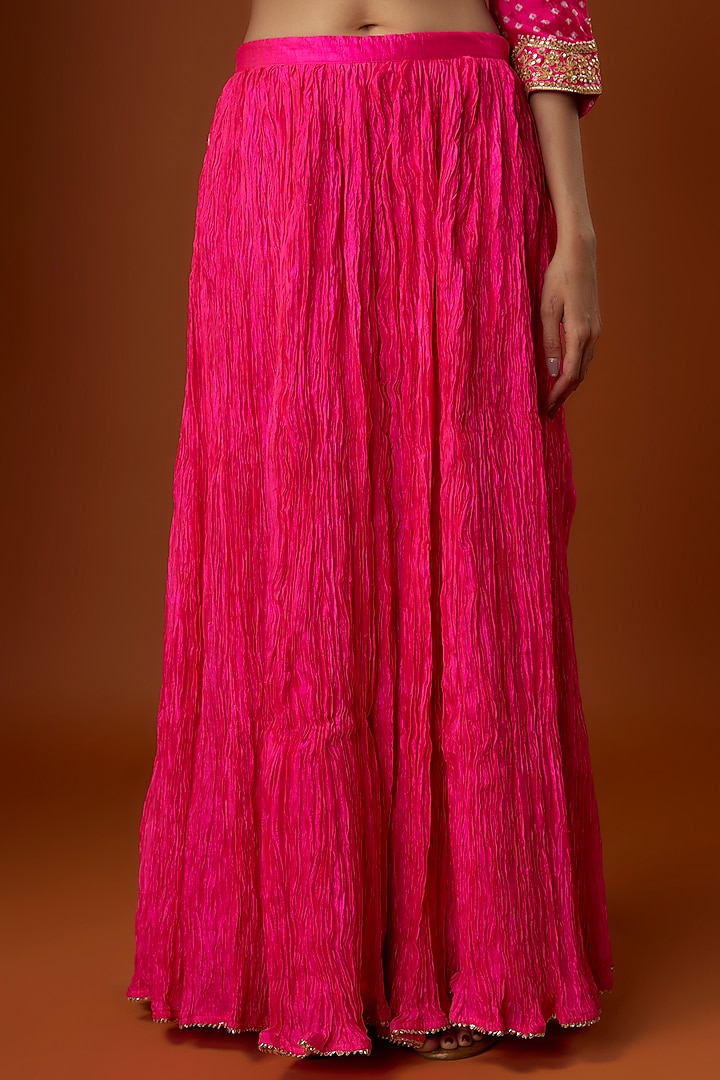 Hot Pink Bandhej Crushed Skirt Set by SURBHI SHAH at Pernia's Pop Up Shop