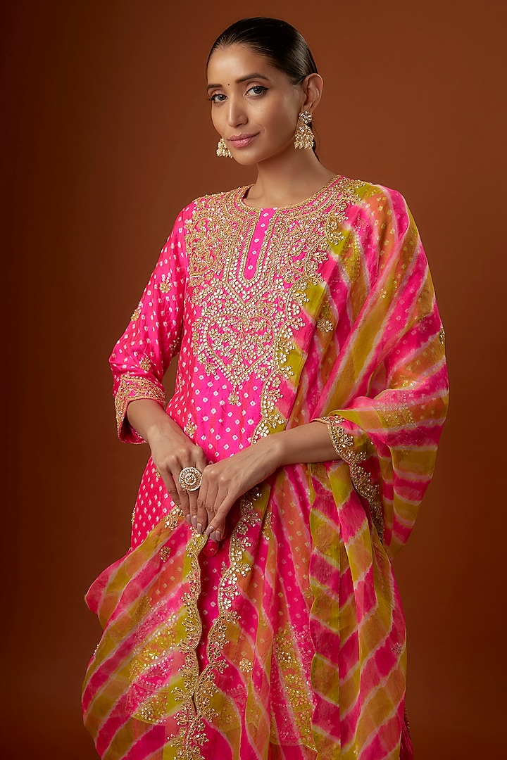 Hot Pink Bandhej Crushed Skirt Set by SURBHI SHAH at Pernia's Pop Up Shop