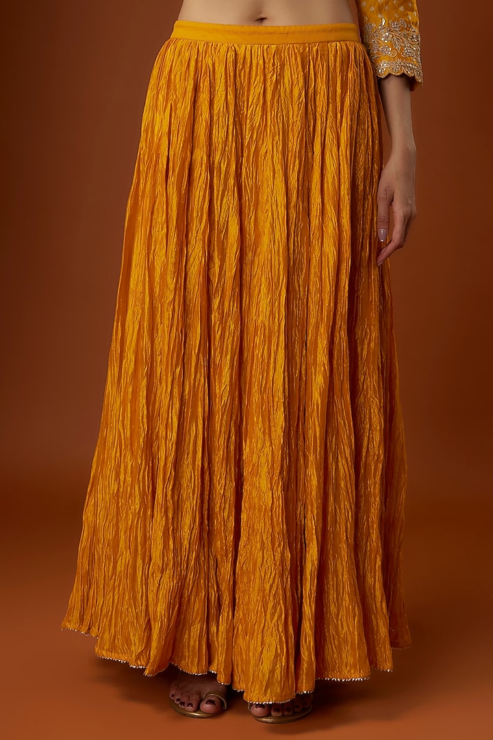 Mustard Yellow Bandhej Crushed Skirt Set by SURBHI SHAH at Pernia's Pop Up Shop