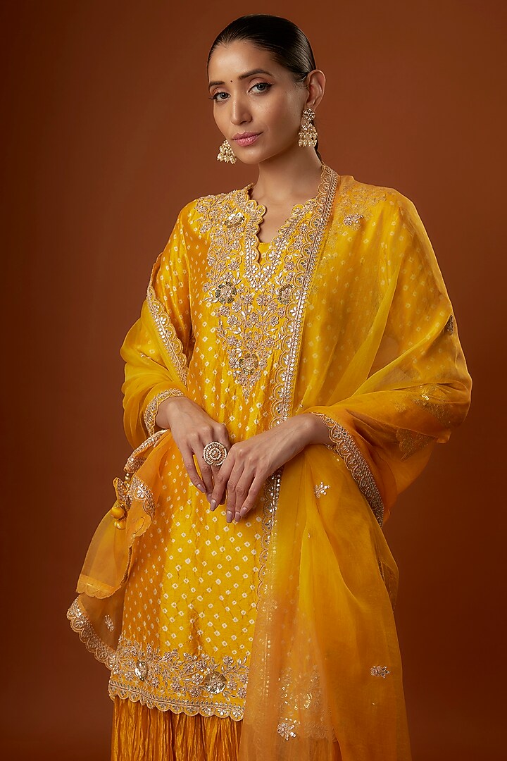 Mustard Yellow Bandhej Crushed Skirt Set by SURBHI SHAH at Pernia's Pop Up Shop