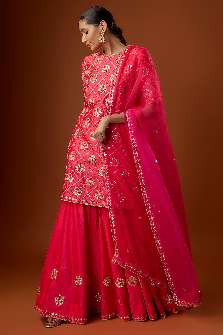 Red Pure Spun Silk Marori Embroidered Sharara Set by SURBHI SHAH at Pernia's Pop Up Shop