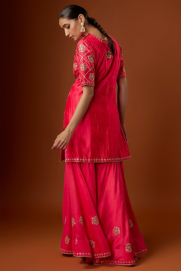Red Pure Spun Silk Marori Embroidered Bridal Sharara Set by SURBHI SHAH at Pernia's Pop Up Shop