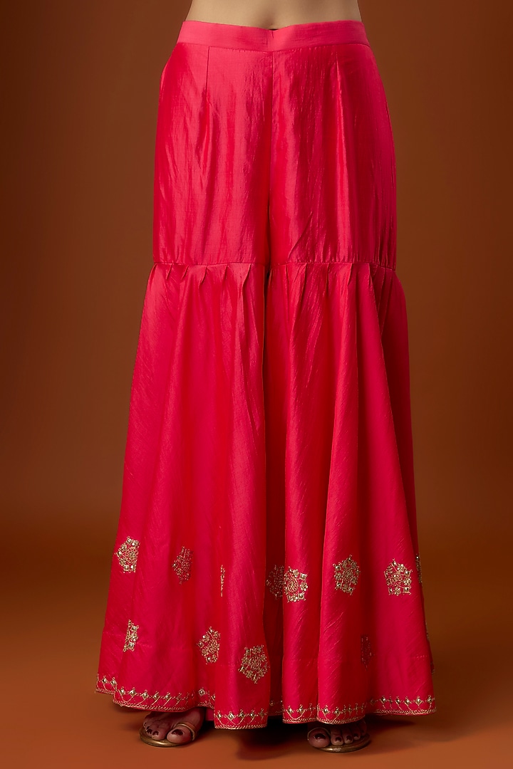 Red Pure Spun Silk Marori Embroidered Bridal Sharara Set by SURBHI SHAH at Pernia's Pop Up Shop