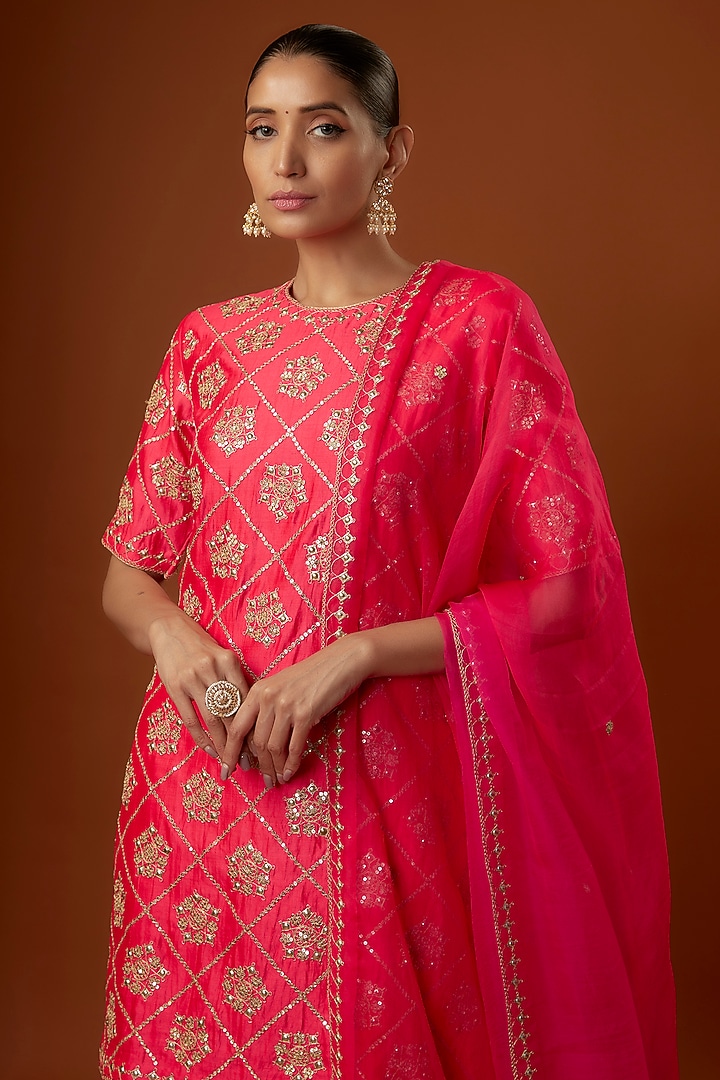 Red Pure Spun Silk Marori Embroidered Bridal Sharara Set by SURBHI SHAH at Pernia's Pop Up Shop
