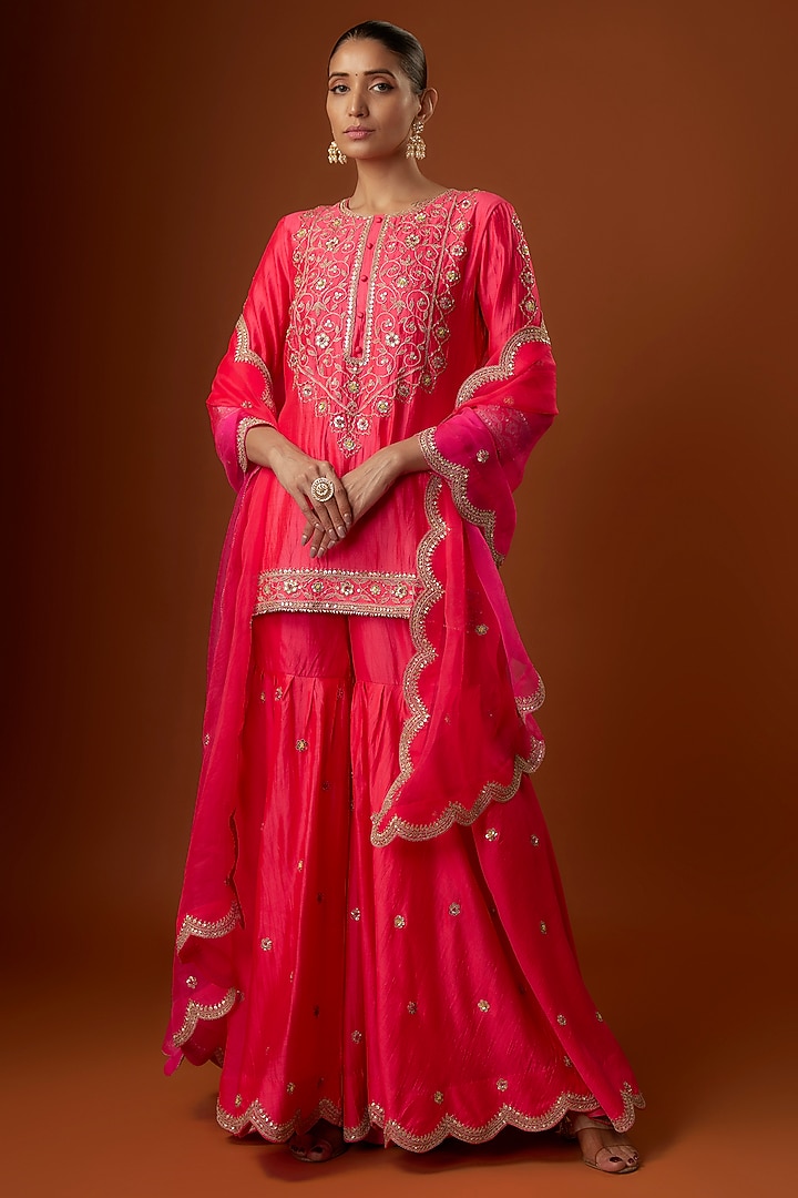 Red Pure Spun Silk Cutdana Embroidered Wedding Sharara Set by SURBHI SHAH at Pernia's Pop Up Shop